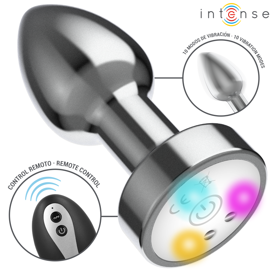 INTENSE Plug Anal Vibrante de Metal com LED e Controle Remoto - M, destacando seu design elegante e luzes coloridas.
