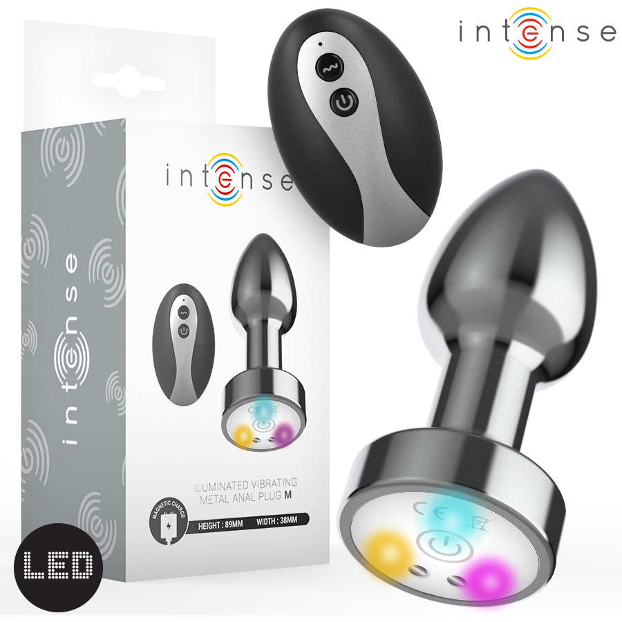 INTENSE Plug Anal Vibrante de Metal com LED e Controle Remoto - M, destacando seu design elegante e luzes coloridas.