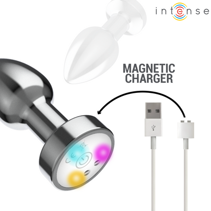 INTENSE Plug Anal Vibrante de Metal com LED e Controle Remoto - M, destacando seu design elegante e luzes coloridas.