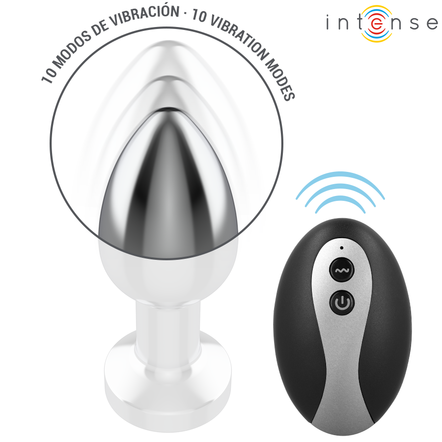 INTENSE Plug Anal Vibrante de Metal com LED e Controle Remoto - M, destacando seu design elegante e luzes coloridas.