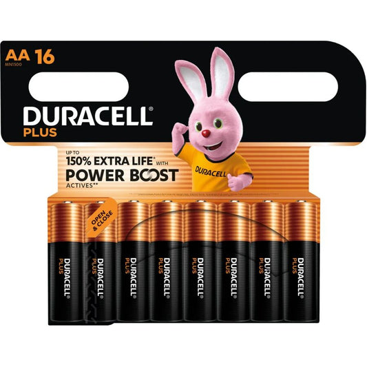 Blister de 16 Pilhas Alcalinas Duracell Plus Power Boost AA LR6 para dispositivos eletrónicos.