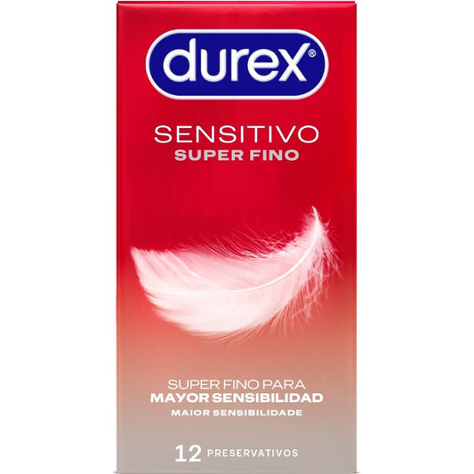 Close-up of the DUREX Preservativos Super Finos Sensíveis 12 Unidades package, highlighting its ultra-thin design and sensitive features.