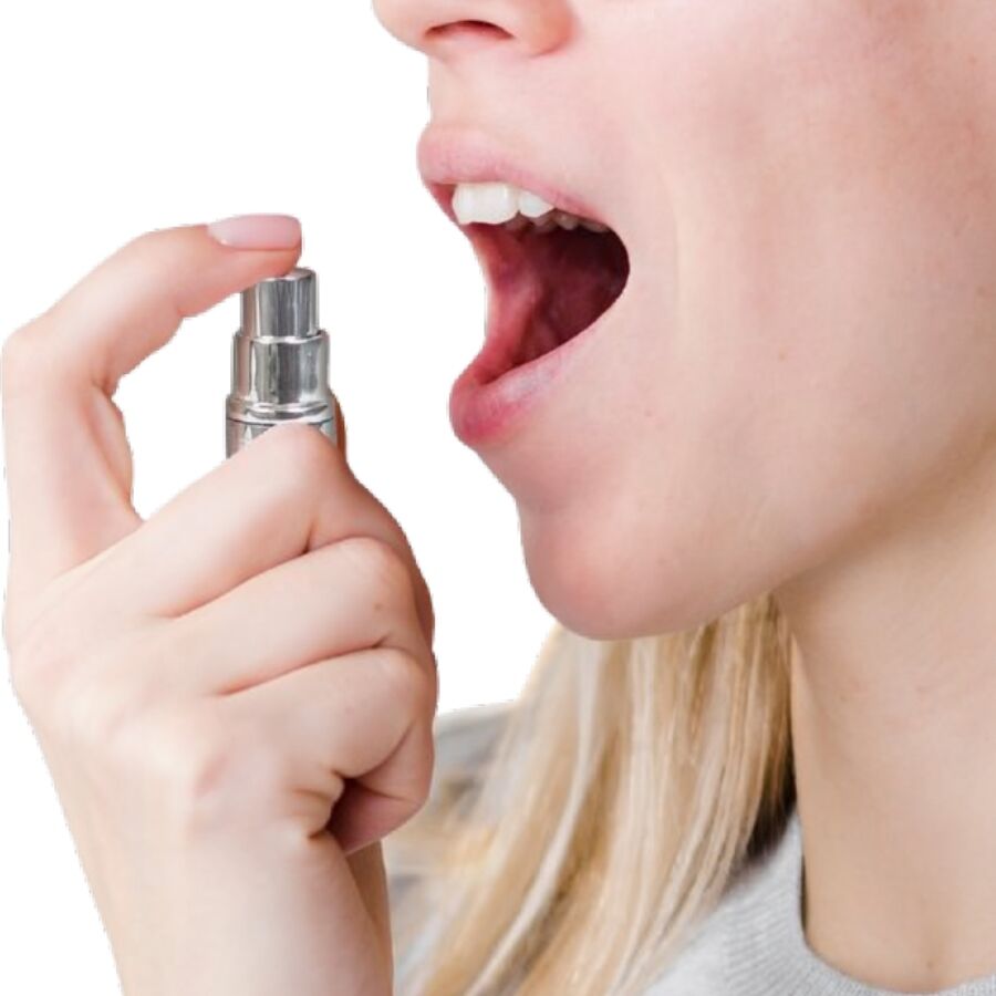 Spray refrescante de hortelã SECRETPLAY para hálito fresco e sexo oral, mostrando o frasco e a aplicação.