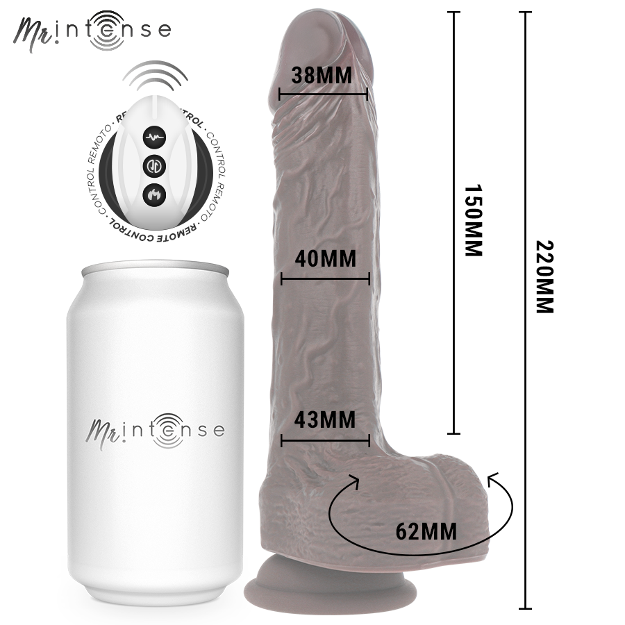 MR INTENSE Vibrador Realista MATT com Movimento Vertical, detalhe da textura e controlo remoto.