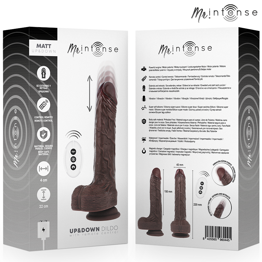MR INTENSE Vibrador Realista MATT com Movimento Vertical, detalhe da textura e controlo remoto.