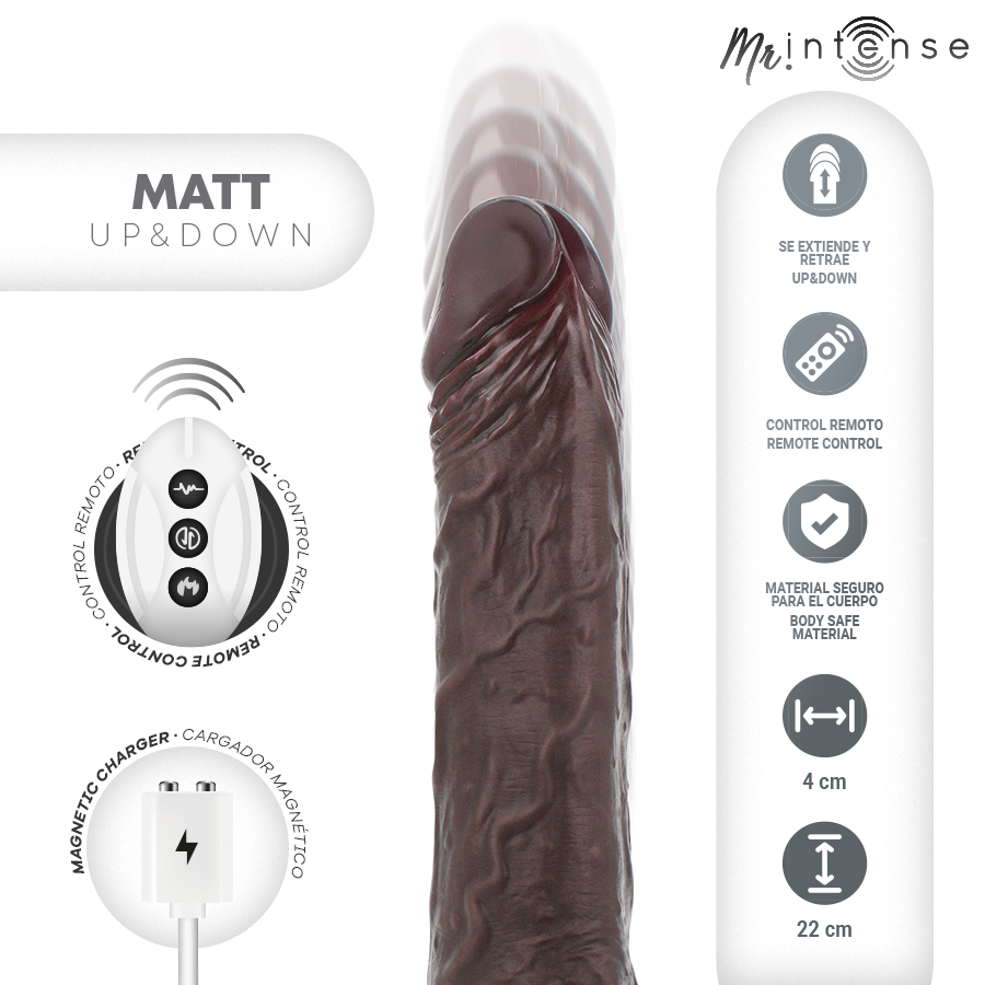 MR INTENSE Vibrador Realista MATT com Movimento Vertical, detalhe da textura e controlo remoto.