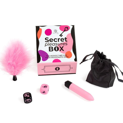 Imagem do Secret Play Kit de Prazeres para Casais com dados, vibrador bala e pena erótica.