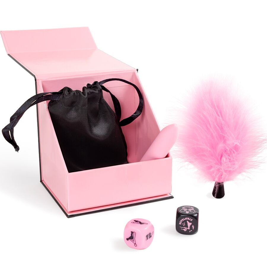 Imagem do Secret Play Kit de Prazeres para Casais com dados, vibrador bala e pena erótica.