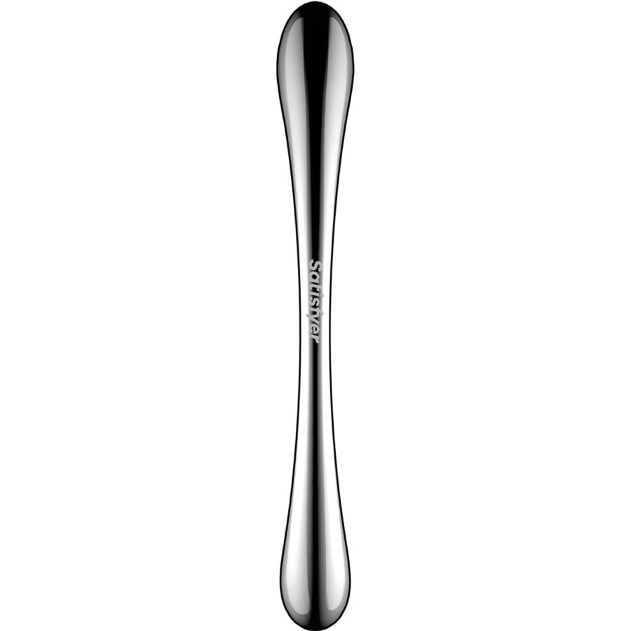 Close-up do Dildo Satisfyer Cosmic Crest 1 de aço inoxidável com dupla extremidade, mostrando o design elegante e acabamento metálico.