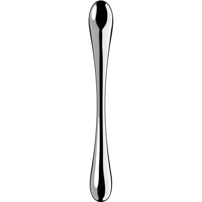 Close-up do Dildo Satisfyer Cosmic Crest 1 de aço inoxidável com dupla extremidade, mostrando o design elegante e acabamento metálico.