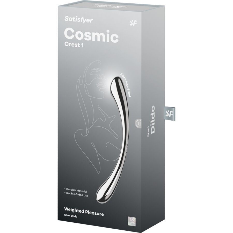 Close-up do Dildo Satisfyer Cosmic Crest 1 de aço inoxidável com dupla extremidade, mostrando o design elegante e acabamento metálico.