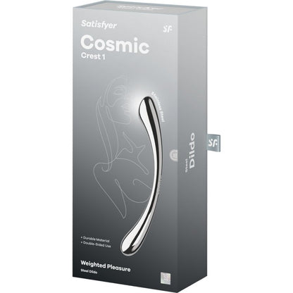 Close-up do Dildo Satisfyer Cosmic Crest 1 de aço inoxidável com dupla extremidade, mostrando o design elegante e acabamento metálico.