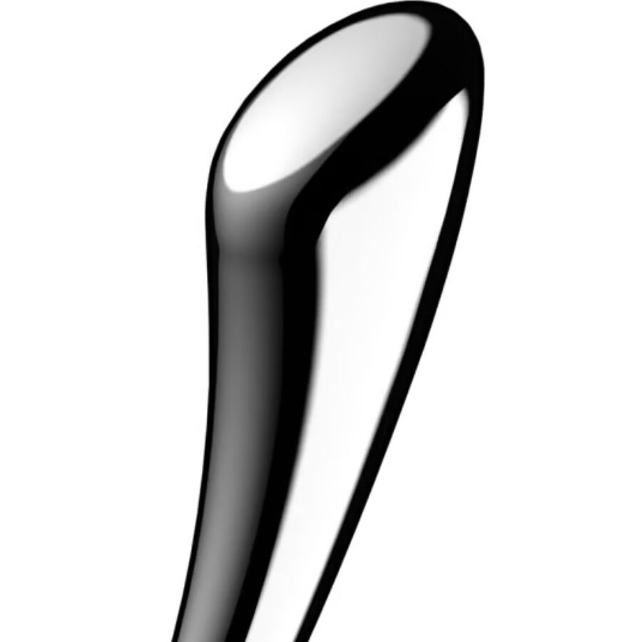 Close-up do Dildo Satisfyer Cosmic Crest 1 de aço inoxidável com dupla extremidade, mostrando o design elegante e acabamento metálico.