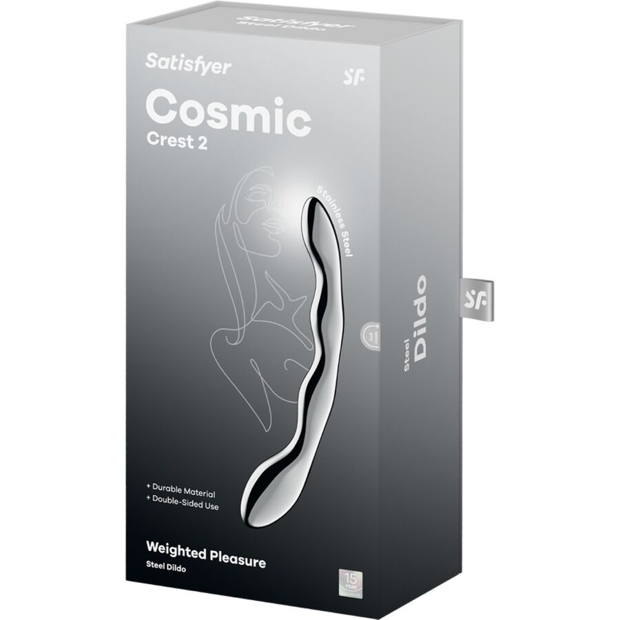Satisfyer Dildo Cosmic Crest 2 de Aço Inoxidável Dupla Extremidade, detalhe do material e formato.