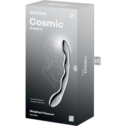 Satisfyer Dildo Cosmic Crest 2 de Aço Inoxidável Dupla Extremidade, detalhe do material e formato.