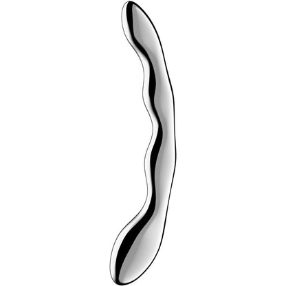 Satisfyer Dildo Cosmic Crest 2 de Aço Inoxidável Dupla Extremidade, detalhe do material e formato.