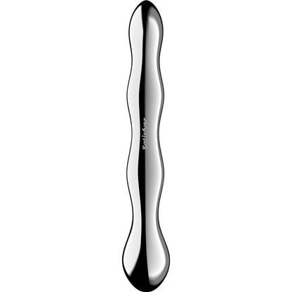 Satisfyer Dildo Cosmic Crest 2 de Aço Inoxidável Dupla Extremidade, detalhe do material e formato.