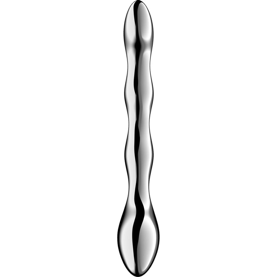 Satisfyer Dildo Cosmic Crest 2 de Aço Inoxidável Dupla Extremidade, detalhe do material e formato.