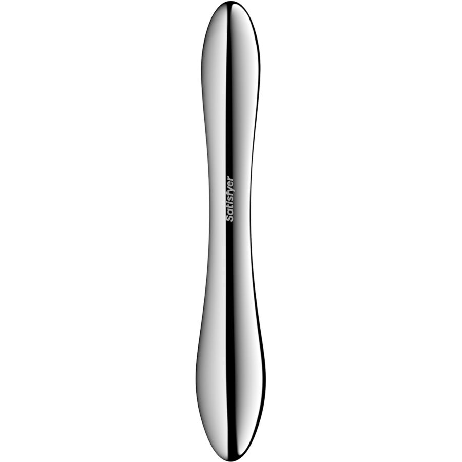 Imagem do Satisfyer Pure Gravity 1 Dildo de Aço Inoxidável com Duas Extremidades, destacando seu design elegante e material metálico.