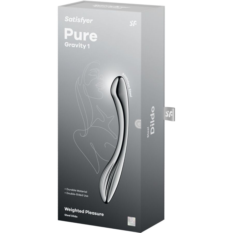 Imagem do Satisfyer Pure Gravity 1 Dildo de Aço Inoxidável com Duas Extremidades, destacando seu design elegante e material metálico.