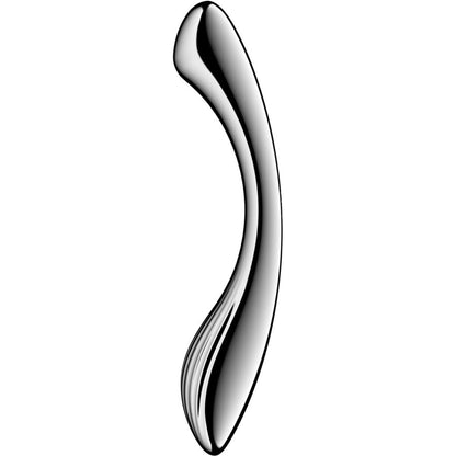 Imagem do Satisfyer Pure Gravity 1 Dildo de Aço Inoxidável com Duas Extremidades, destacando seu design elegante e material metálico.