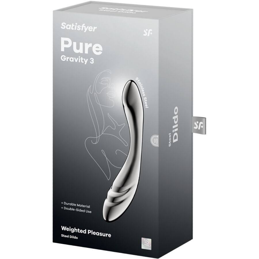Satisfyer Pure Gravity 3 Dildo de Aço Inoxidável com dupla extremidade e design curvo para estimulação G-spot.