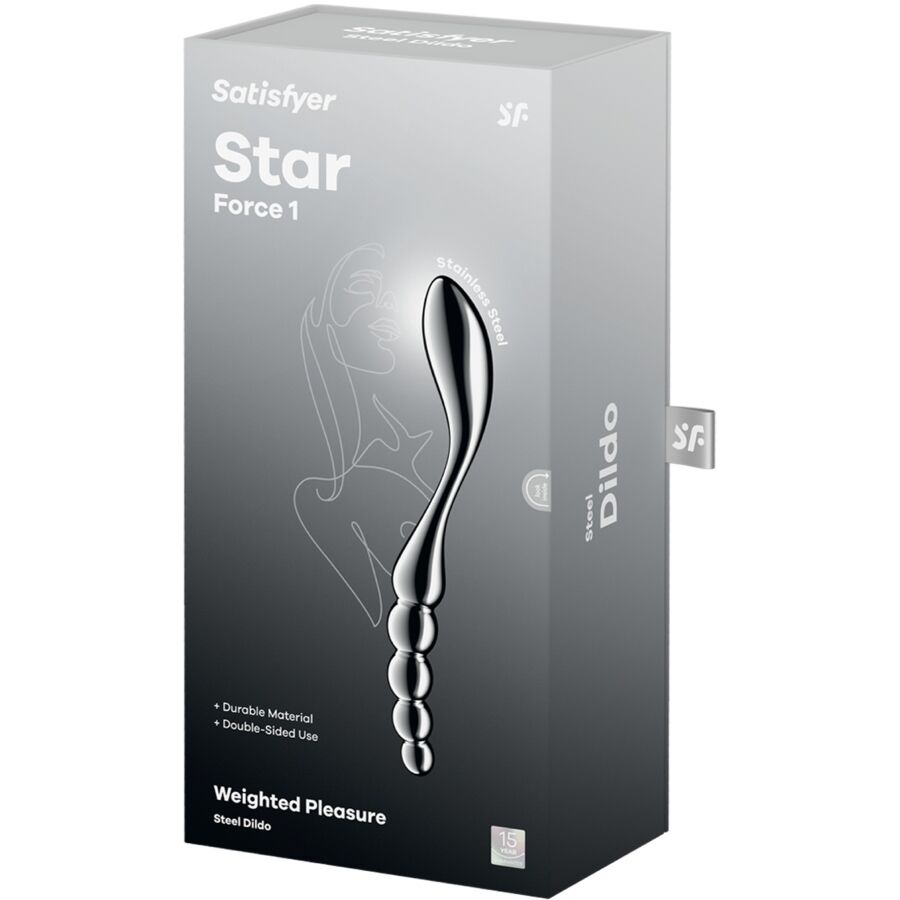 Close-up do Dildo Satisfyer Star Force 1 de Aço Inoxidável com Duas Extremidades, mostrando seu design e acabamento.