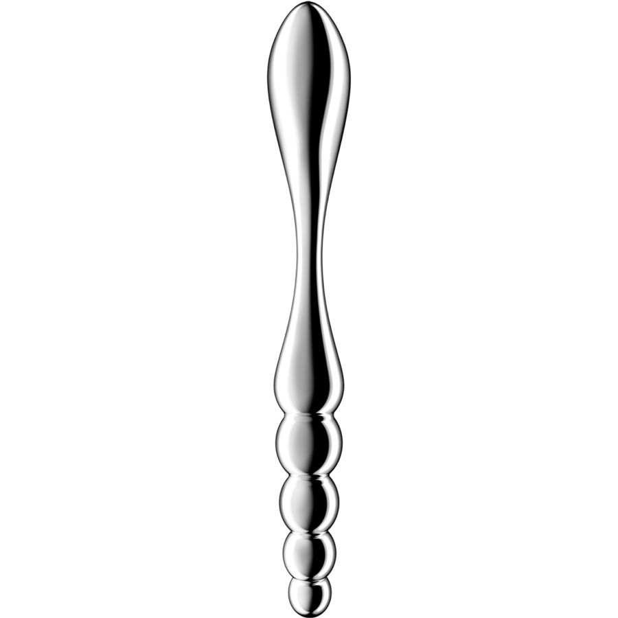 Close-up do Dildo Satisfyer Star Force 1 de Aço Inoxidável com Duas Extremidades, mostrando seu design e acabamento.