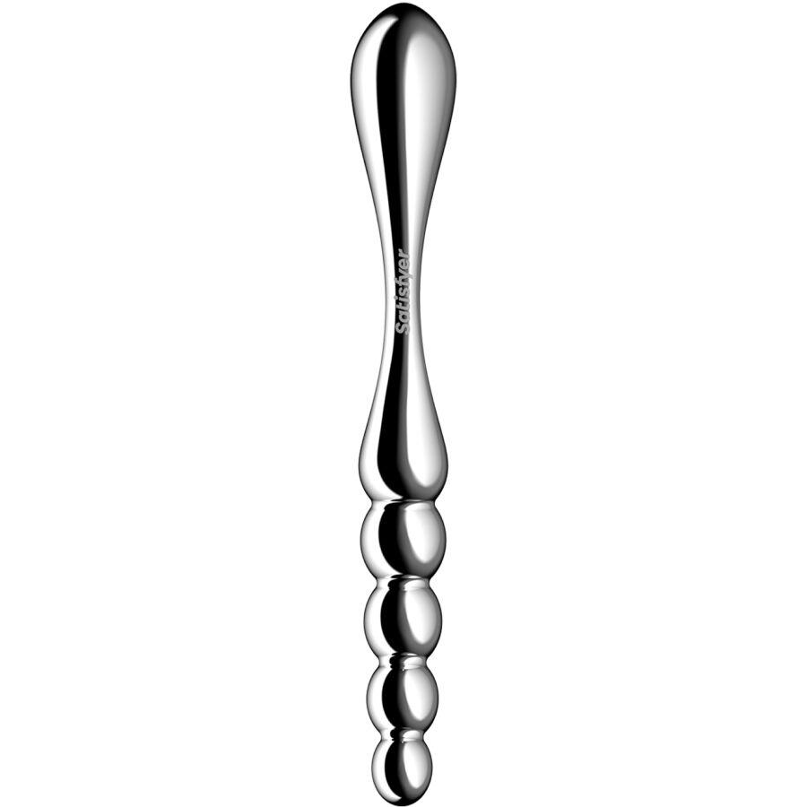 Close-up do Dildo Satisfyer Star Force 1 de Aço Inoxidável com Duas Extremidades, mostrando seu design e acabamento.