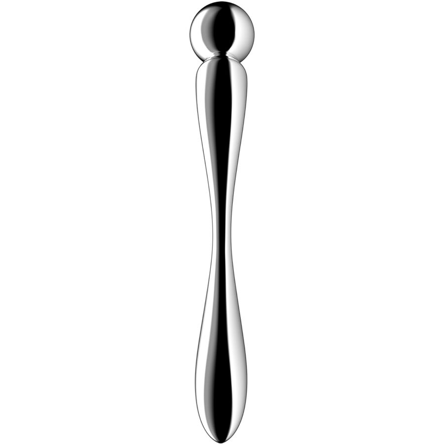 Dildo Satisfyer Star Force 2 de aço inoxidável com design esférico e dupla ponta para prazer intenso e brincadeiras de temperatura.