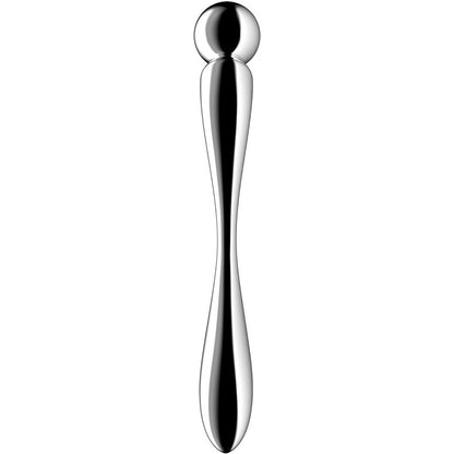Dildo Satisfyer Star Force 2 de aço inoxidável com design esférico e dupla ponta para prazer intenso e brincadeiras de temperatura.