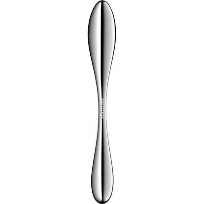 Close-up do Dildo Satisfyer Star Force 3 em aço inoxidável com duas extremidades para sensações térmicas.