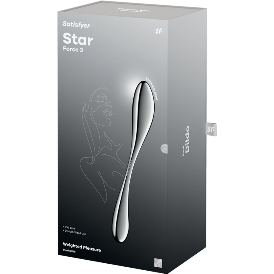 Close-up do Dildo Satisfyer Star Force 3 em aço inoxidável com duas extremidades para sensações térmicas.