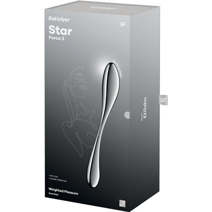Close-up do Dildo Satisfyer Star Force 3 em aço inoxidável com duas extremidades para sensações térmicas.