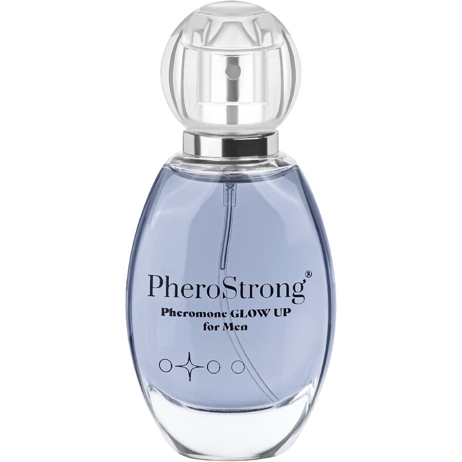 PHEROSTRONG Perfume de Feromônios Glow Up Masculino 50ml, embalagem e frasco do produto.