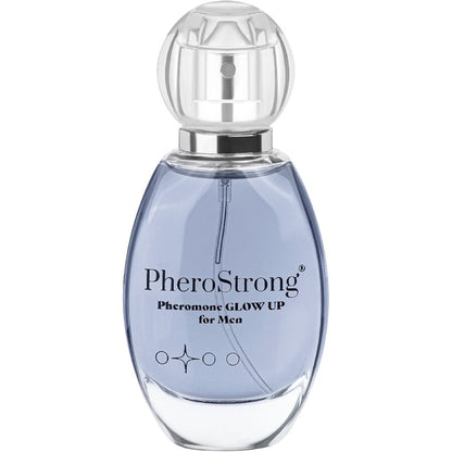 PHEROSTRONG Perfume de Feromônios Glow Up Masculino 50ml, embalagem e frasco do produto.