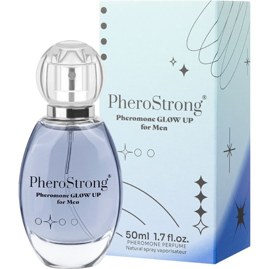 PHEROSTRONG Perfume de Feromônios Glow Up Masculino 50ml, embalagem e frasco do produto.