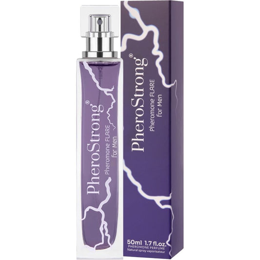 Frasco do perfume PheroStrong Flare Masculino com Feromônios 50 ML, exibindo a embalagem e o design do produto.