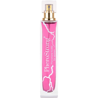 Frasco de perfume PheroStrong Flare com feromônios para mulheres 50ml, exibindo o design elegante da embalagem.