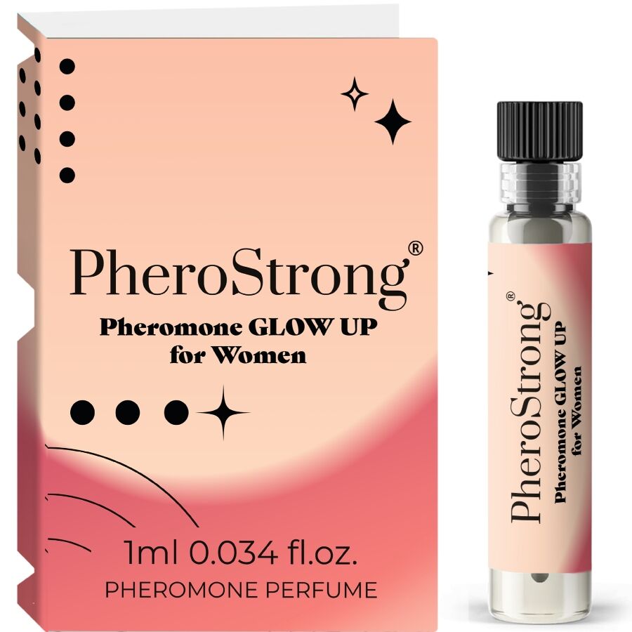 PheroStrong Perfume de Feromônios Glow Up para Mulheres 1 ml, frasco do perfume com detalhes da fragrância.