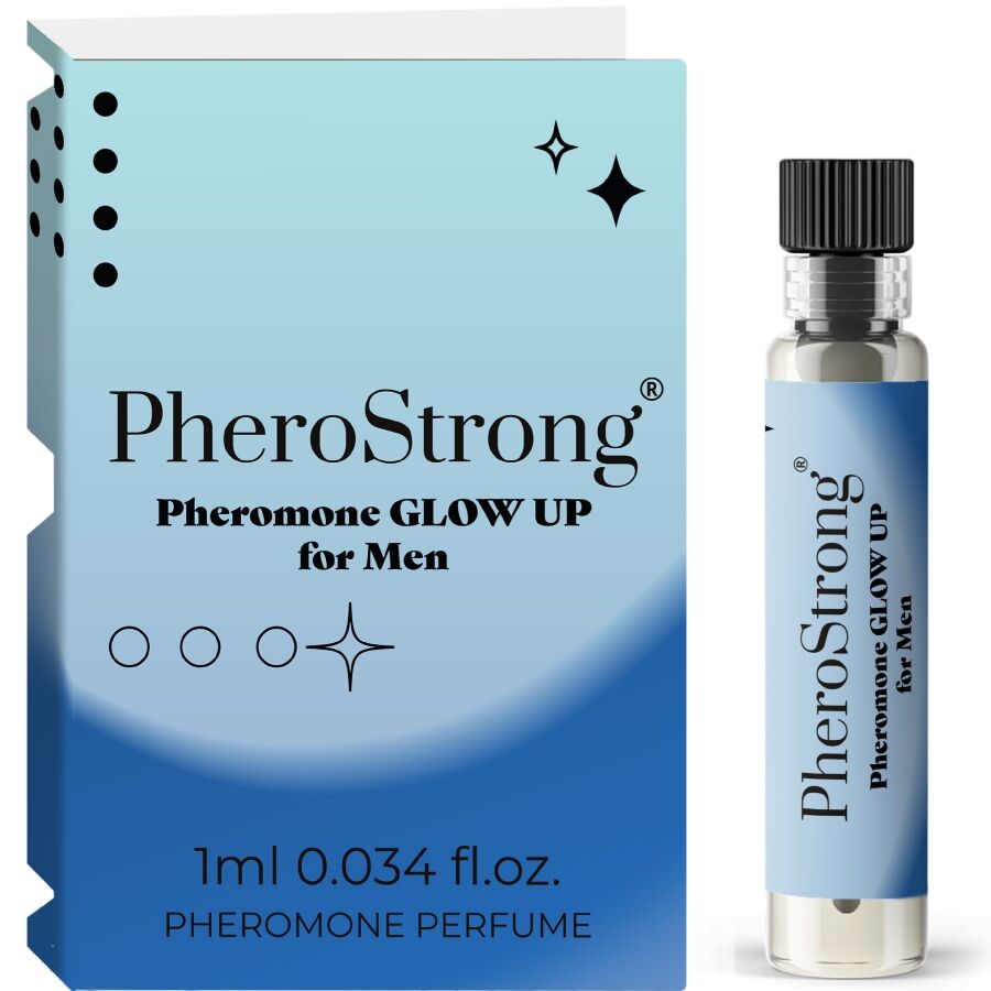 Close-up do PheroStrong Perfume de Feromônios Glow Up para Homens 1ml, mostrando a embalagem e o frasco.