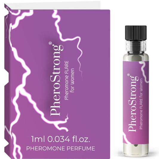 Frasco do perfume de feromônios PheroStrong Flare para Mulheres 1 ML, destacando o design elegante e a fragrância.