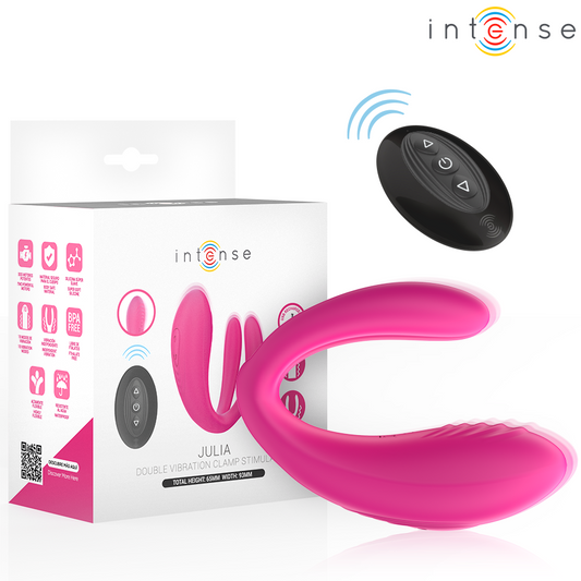 Close-up do vibrador duplo Intense Julia com controle remoto, destacando seu design ergonômico e silicone macio.
