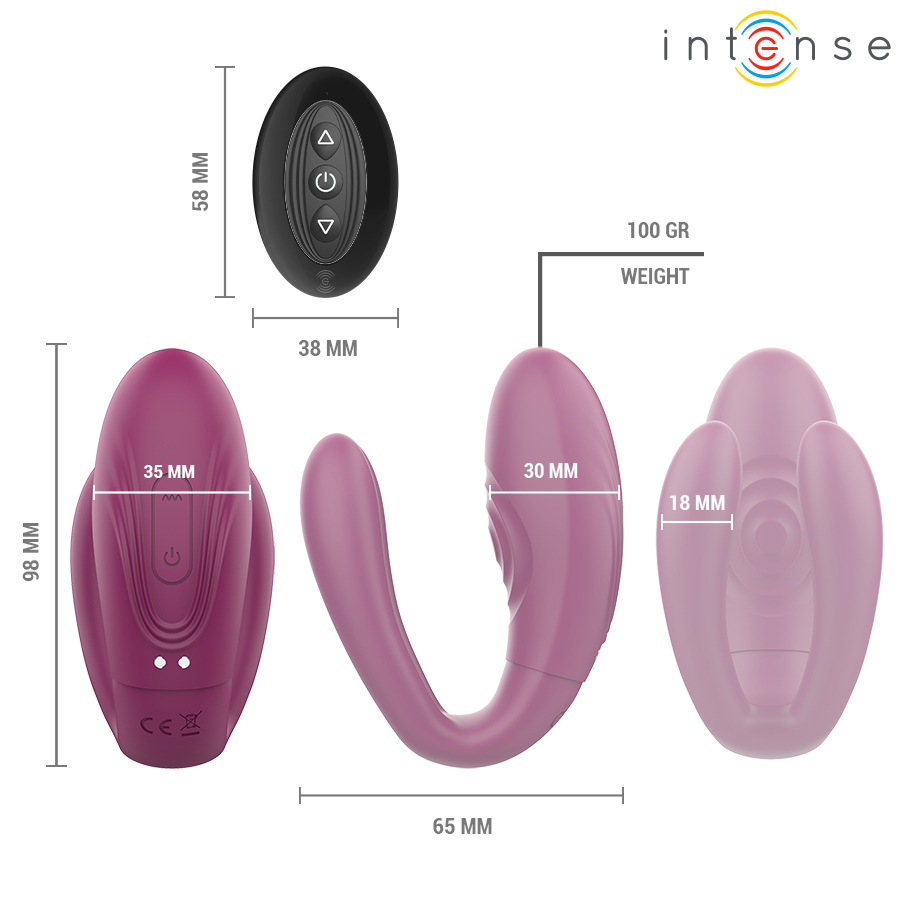 Close-up do Intense Sandra Vibrador e Estimulador Dual com Controle Remoto, destacando seu design ergonómico e textura de silicone macio.