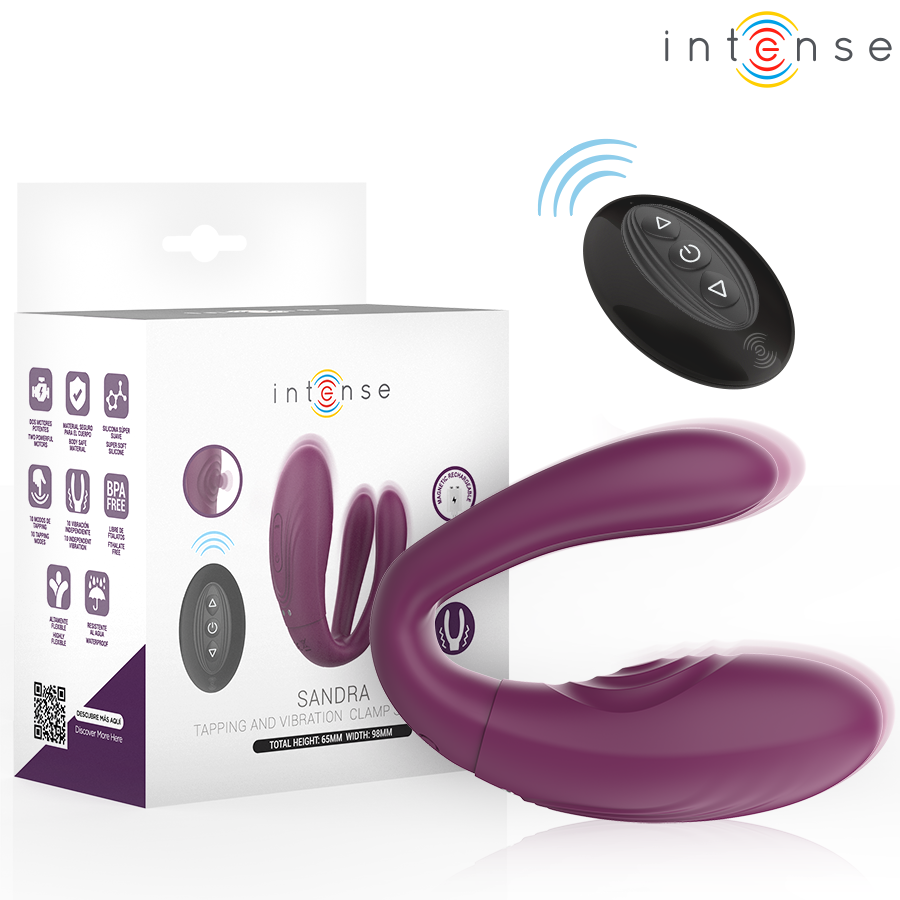Close-up do Intense Sandra Vibrador e Estimulador Dual com Controle Remoto, destacando seu design ergonómico e textura de silicone macio.