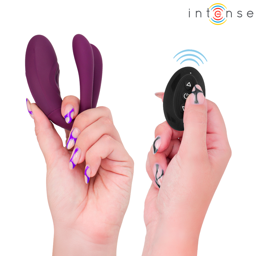 Close-up do Intense Sandra Vibrador e Estimulador Dual com Controle Remoto, destacando seu design ergonómico e textura de silicone macio.