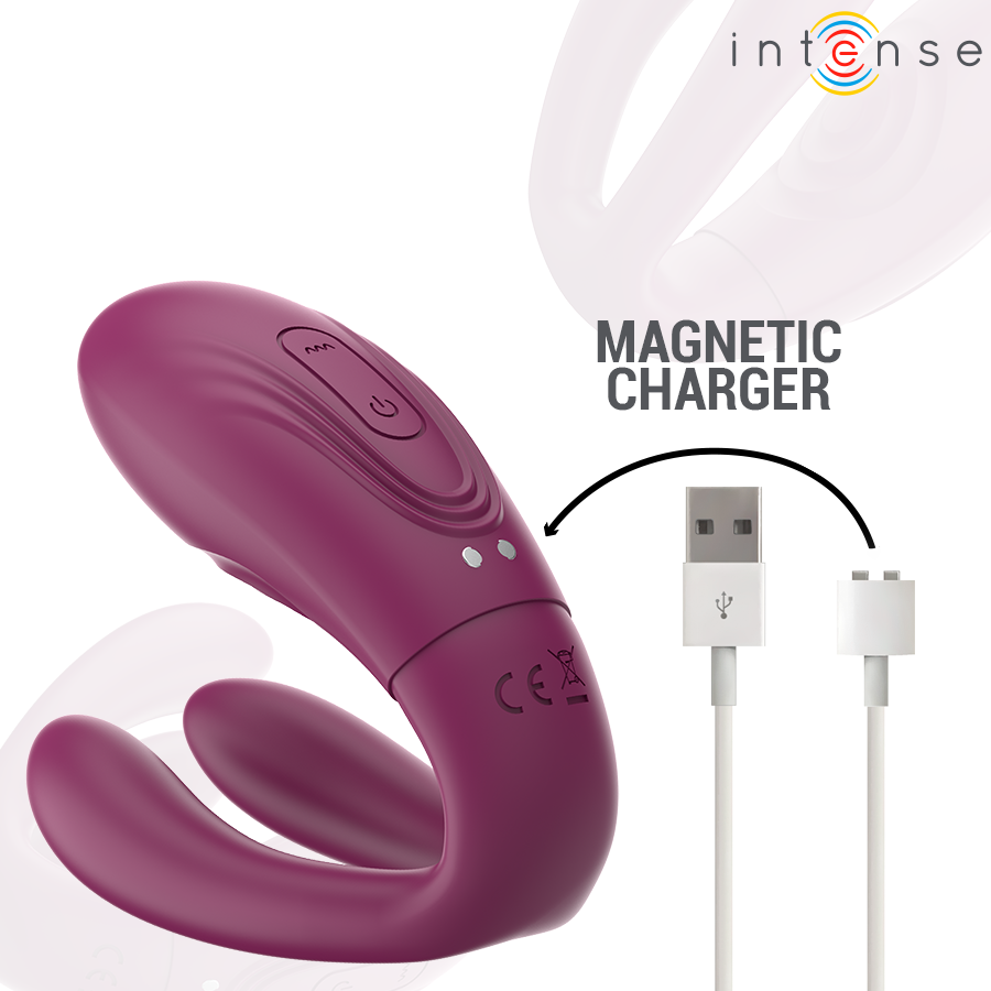 Close-up do Intense Sandra Vibrador e Estimulador Dual com Controle Remoto, destacando seu design ergonómico e textura de silicone macio.