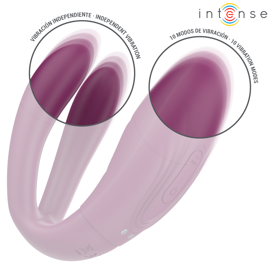 Close-up do Intense Sandra Vibrador e Estimulador Dual com Controle Remoto, destacando seu design ergonómico e textura de silicone macio.
