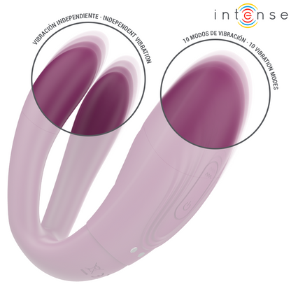 Close-up do Intense Sandra Vibrador e Estimulador Dual com Controle Remoto, destacando seu design ergonómico e textura de silicone macio.