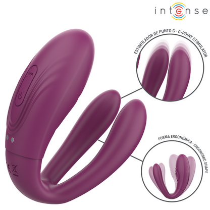 Close-up do Intense Sandra Vibrador e Estimulador Dual com Controle Remoto, destacando seu design ergonómico e textura de silicone macio.